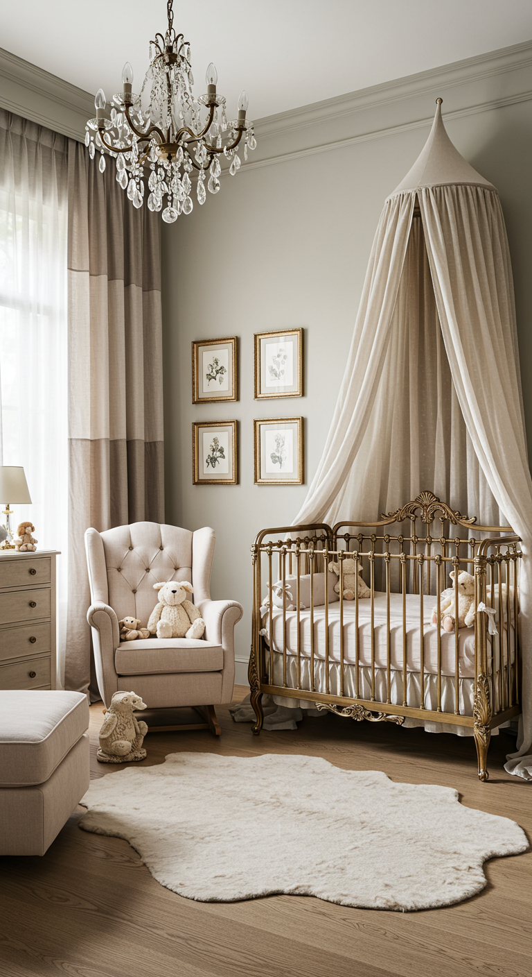 Helles Babyzimmer in neutralen Tönen mit verziertem Gitterbett und Kronleuchter.