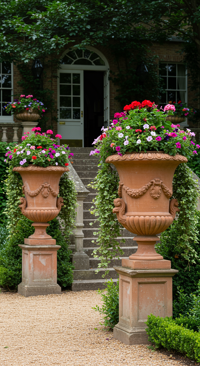 Zwei große Terrakotta-Urnen mit bunten Blumen flankieren eine Treppe