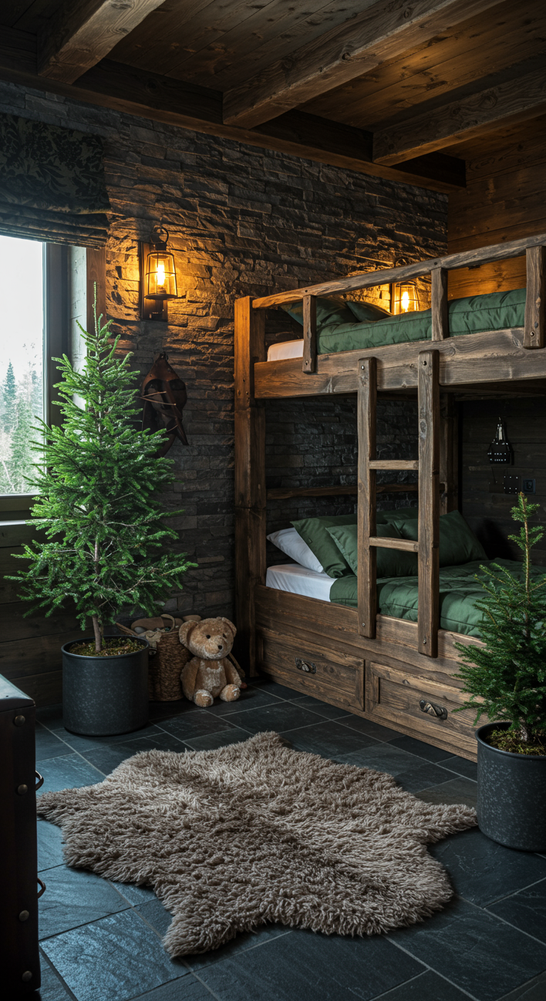 Rustikales Kinderzimmer mit Etagenbett aus dunklem Holz vor einer Steinwand.