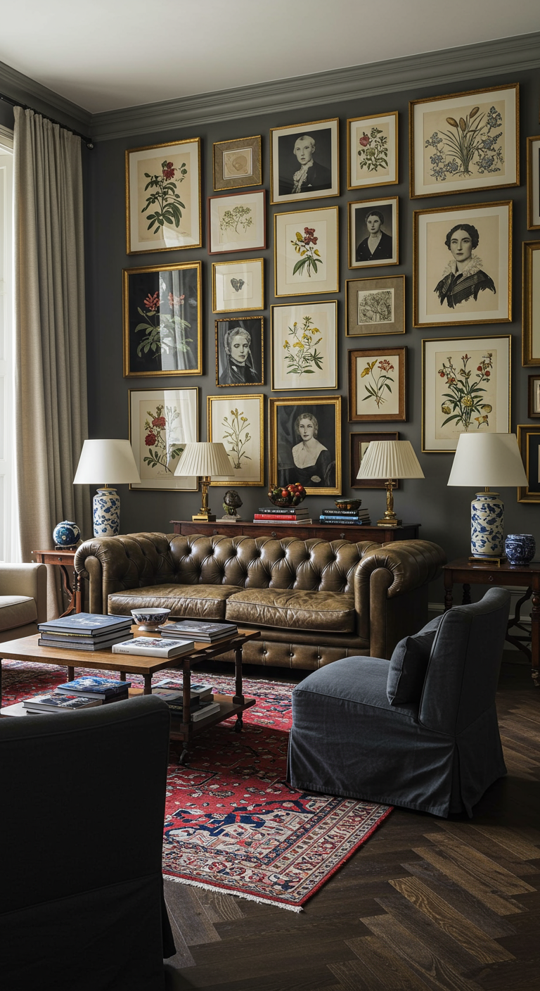 Wohnzimmer mit Ledersofa und Wand voller gerahmter Bilder (Botanik, Porträts).