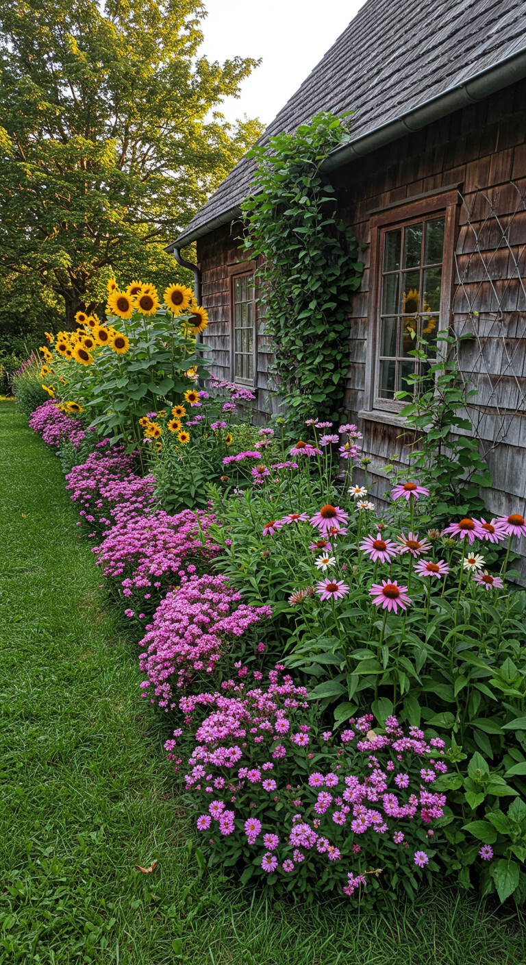 Reihe hoher Sonnenblumen und pinker Blumen vor einer Hausfassade
