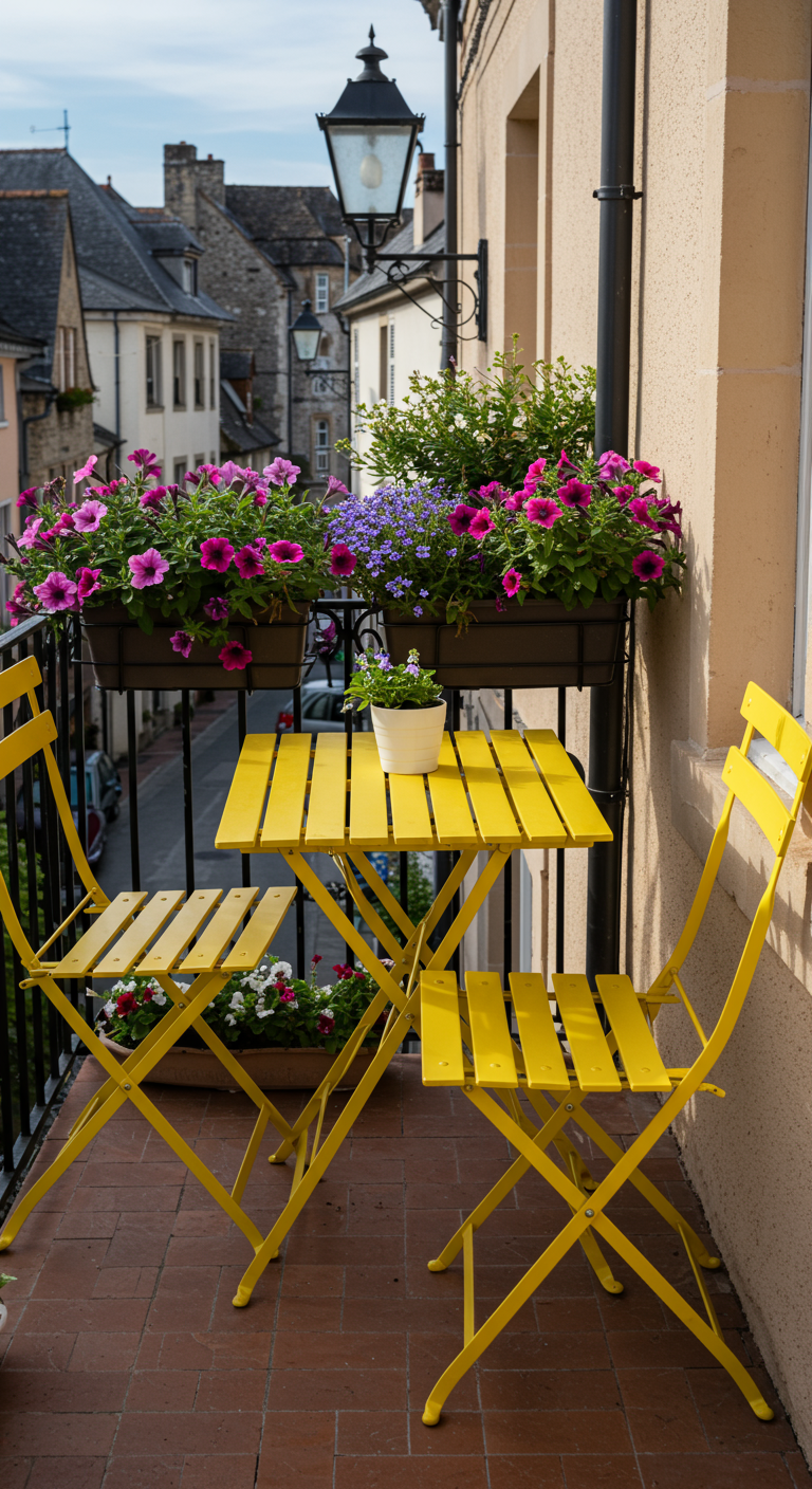 Gelbes Bistro-Set auf kleinem Stadtbalkon mit Blumenkästen und Blick auf Gasse.
