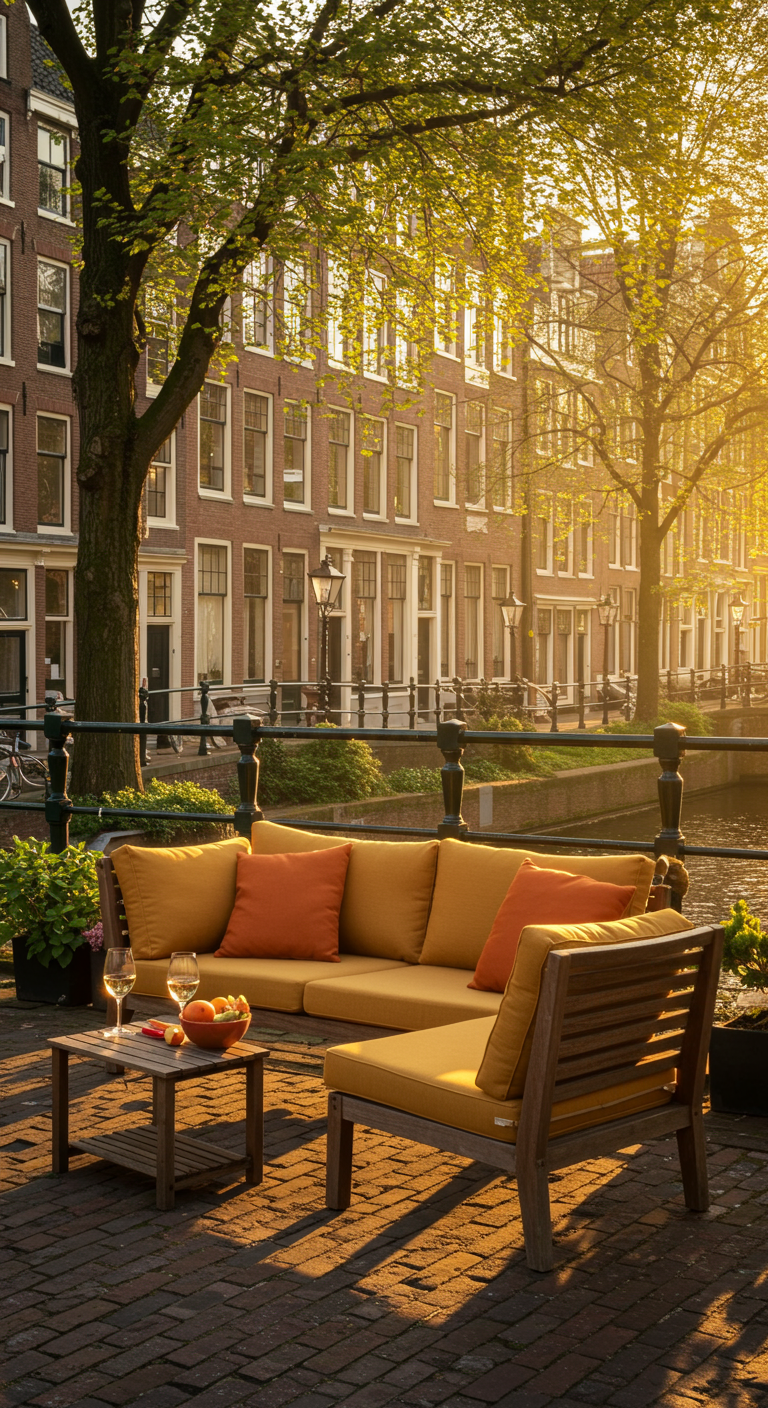 Gelbes Outdoor-Sofa mit orangen Kissen an einer Gracht bei Sonnenuntergang.