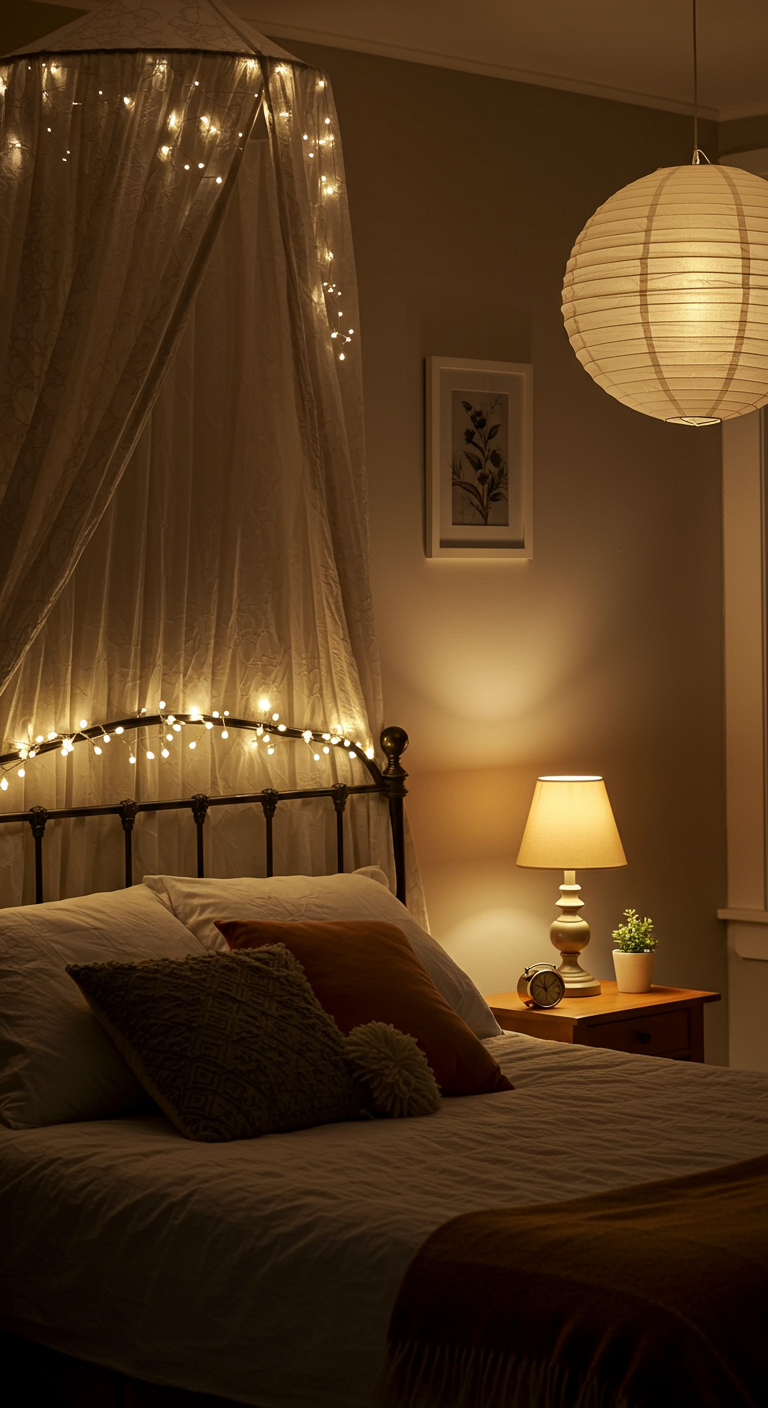 Bett mit DIY-Baldachin aus Stoff und Lichterketten, Papierlaterne.
