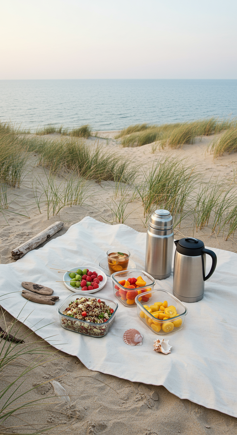 Gesundes Strand-Picknick mit Quinoa-Salat, Früchten und Eistee auf einer Decke in den Dünen.