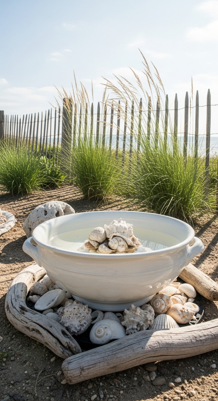 Weiße Porzellanschüssel als Vogelbad, dekoriert mit Muscheln und Treibholz am Strand.