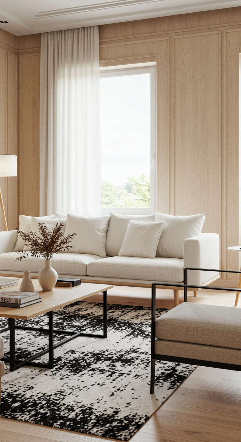Japandi Wohnzimmer mit Holzpaneelen, weißem Sofa und schwarzen Akzenten.