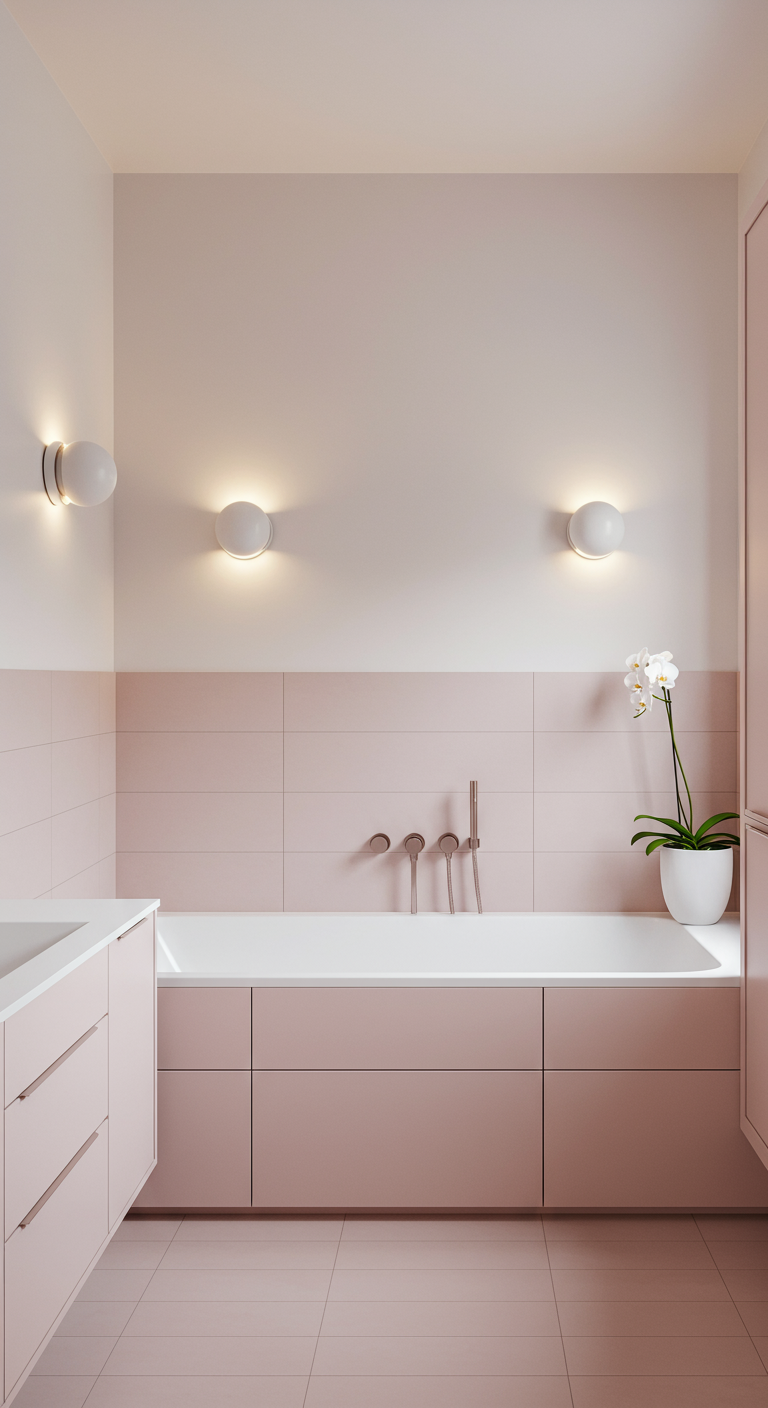Minimalistisches Bad in Puderrosa mit eingebauter Wanne und Orchidee.