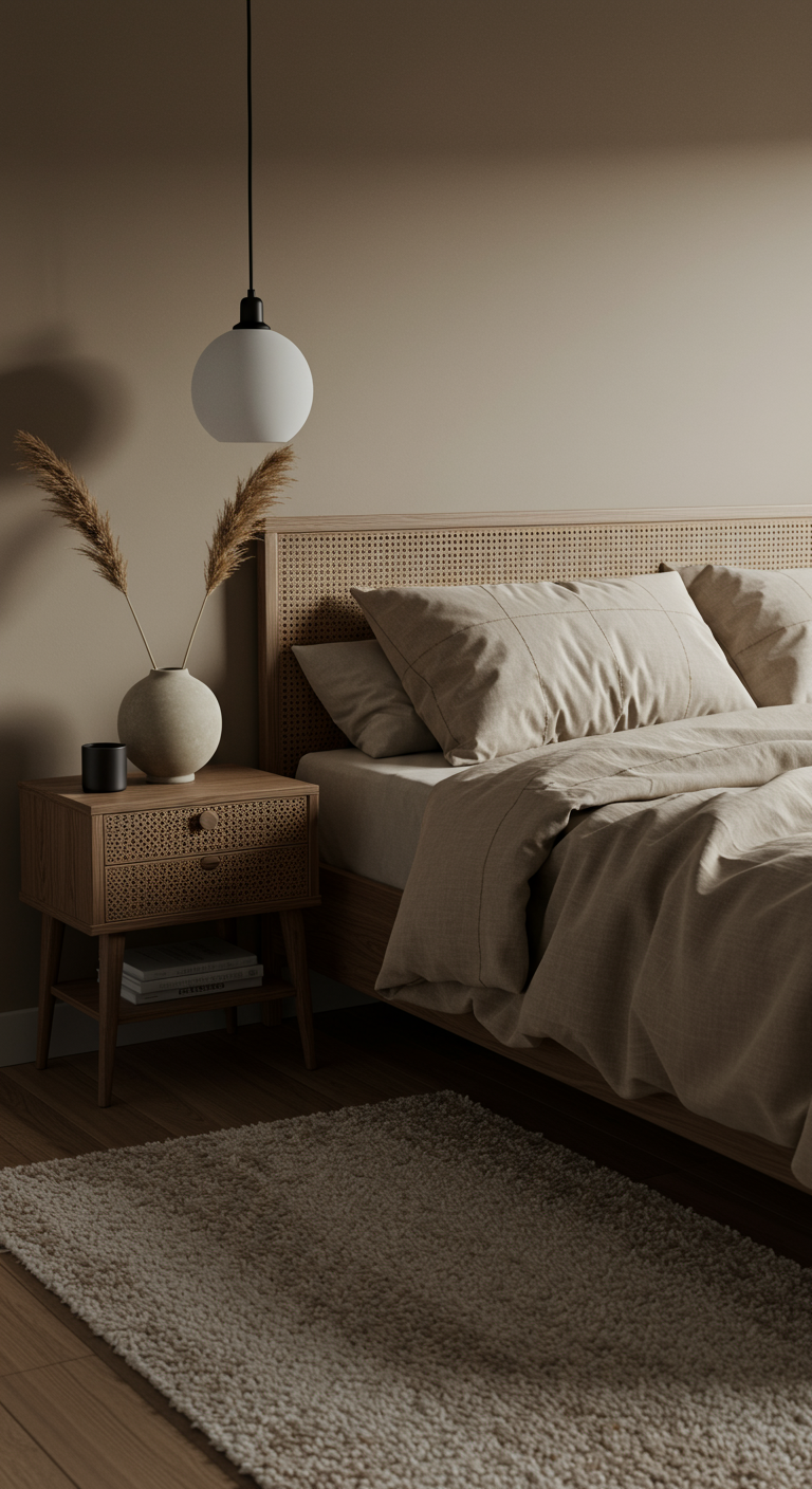 Japandi-Bett mit Rattan-Kopfteil und beiger Karobettwäsche.