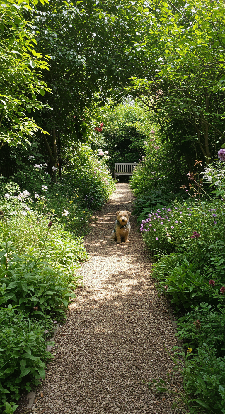 Kleiner Hund sitzt auf Kiesweg unter Bäumen und Sträuchern im grünen Garten