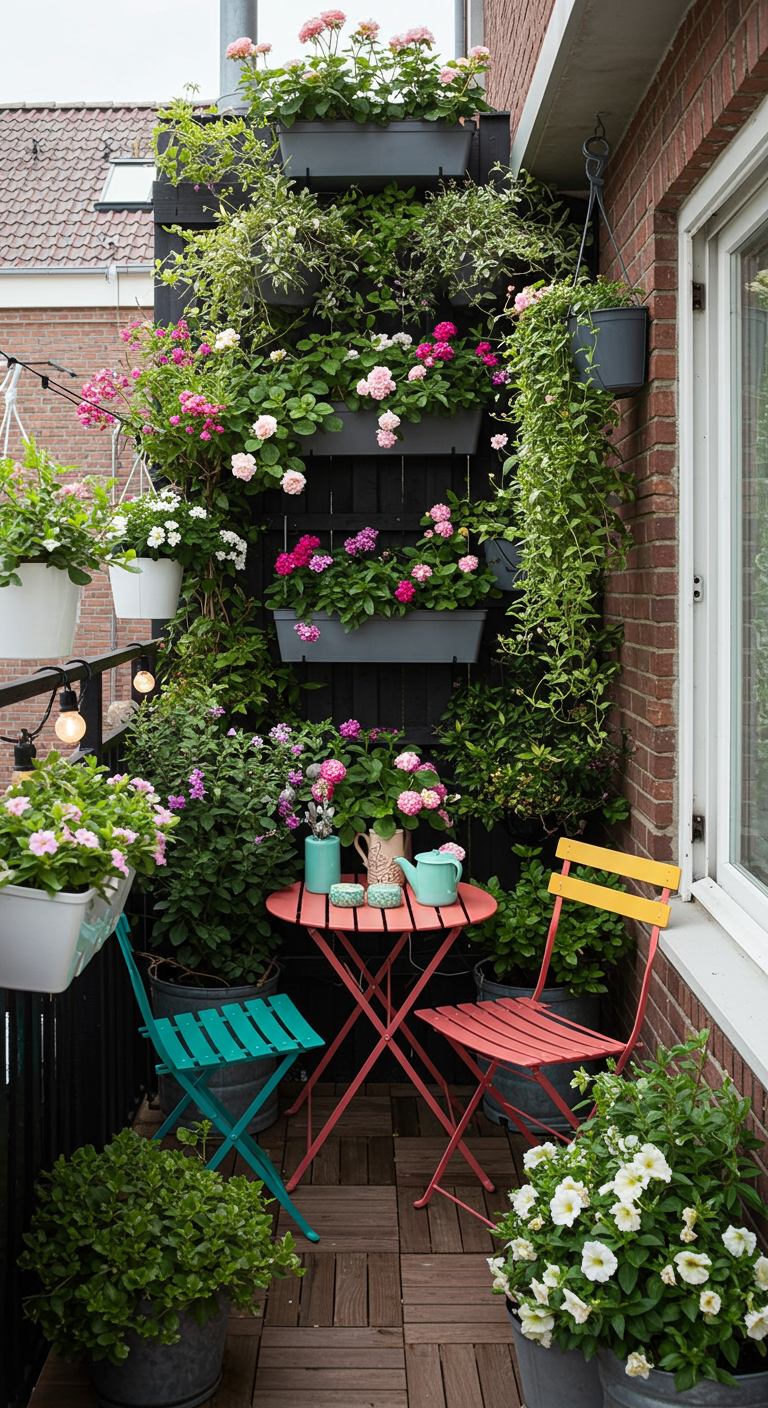 Kleiner Balkon mit vertikaler Pflanzwand, bunten Klappmöbeln und vielen Blumen.