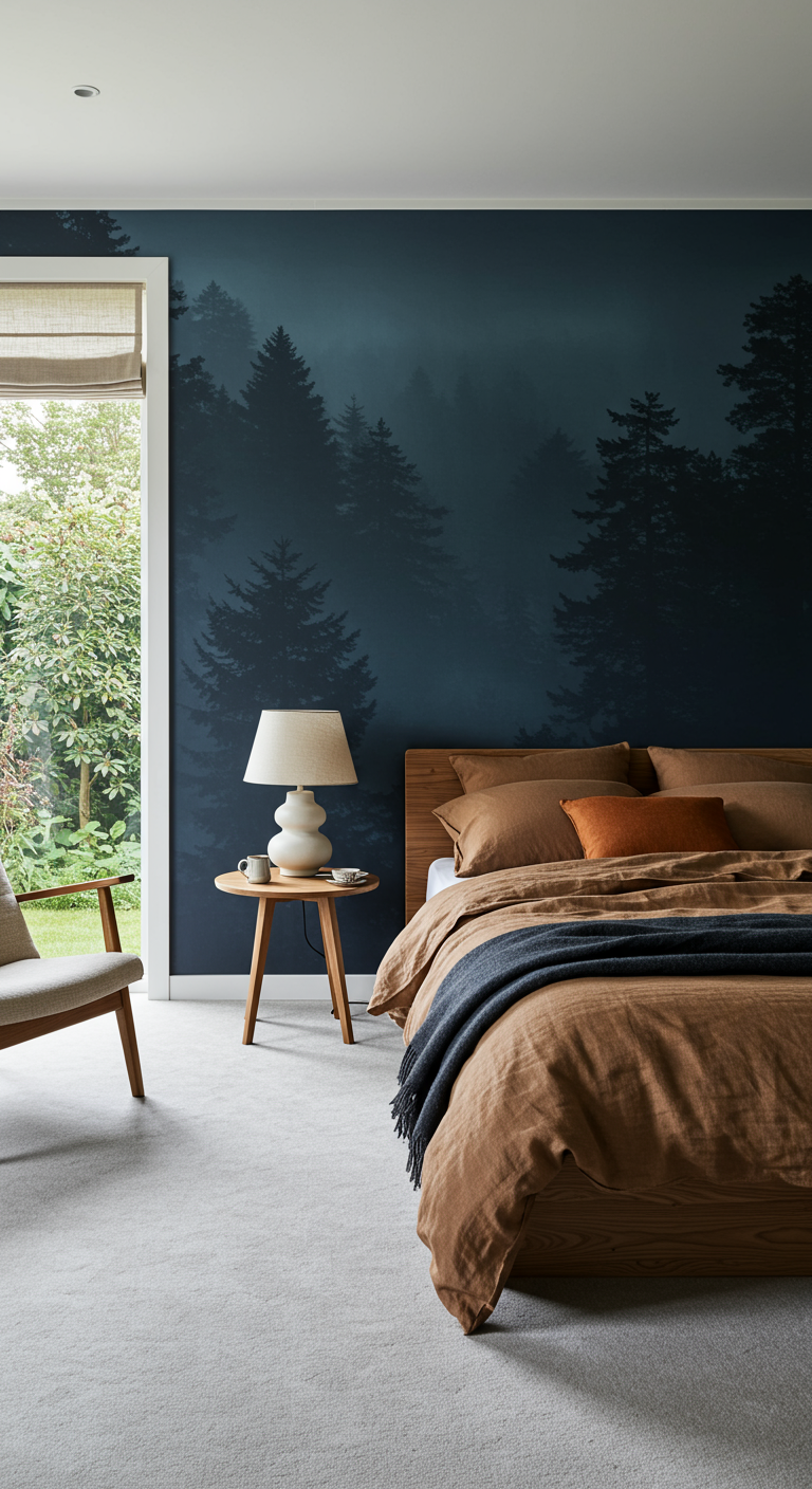 Schlafzimmer mit dunkelblauer Wald-Fototapete und Blick in den Garten.