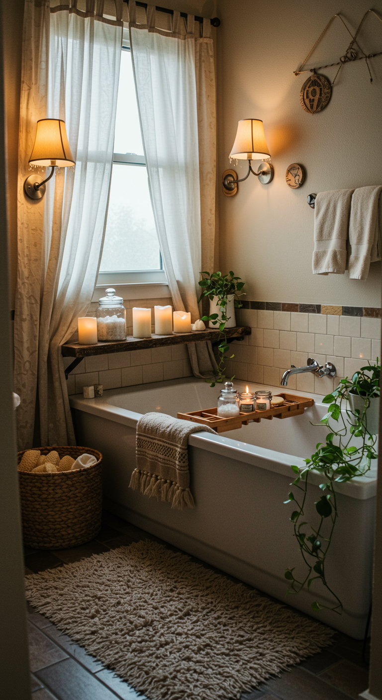 Gemütliche Badewanne am Fenster mit vielen Kerzen und Badablage.