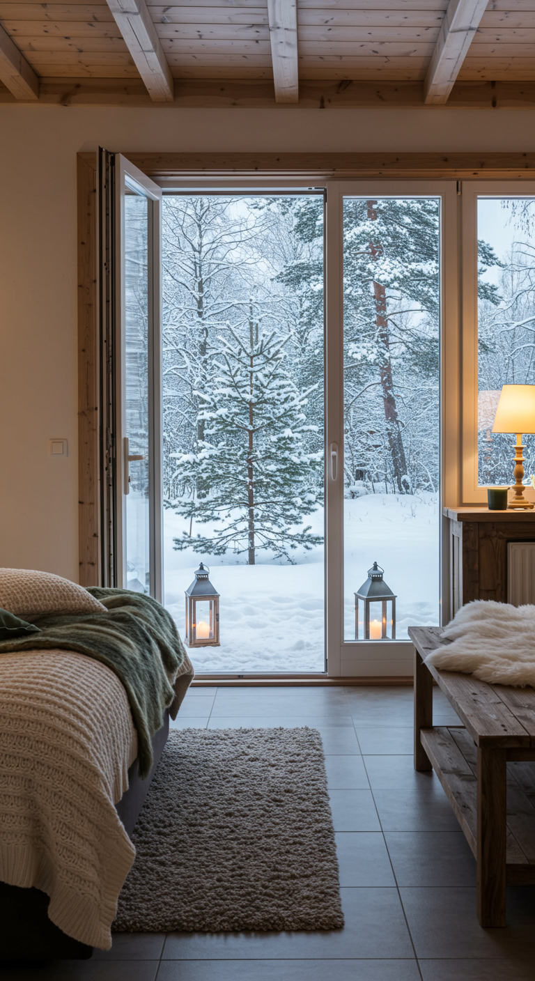 Skandinavisches Schlafzimmer mit Glastür und Blick auf verschneiten Außenbereich mit Laternen.