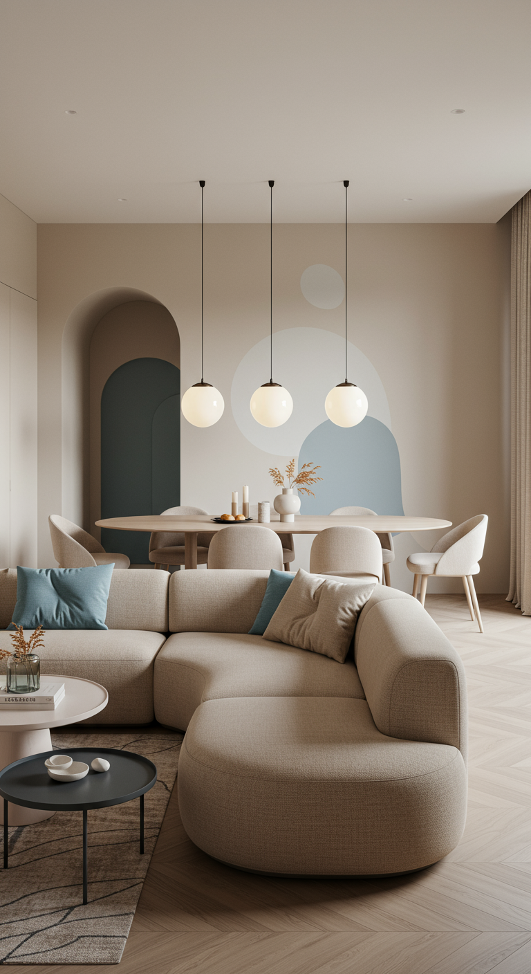 Modernes Wohnzimmer mit großem geschwungenem Sofa und ovalem Esstisch.