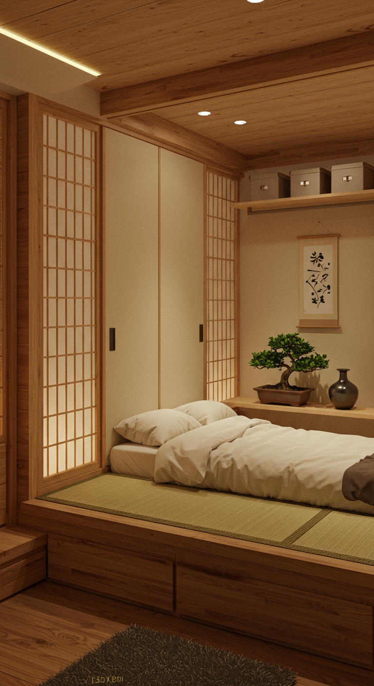 Schlafzimmer im Japandi-Stil mit niedrigem Bett, Tatami und Shoji-Türen.