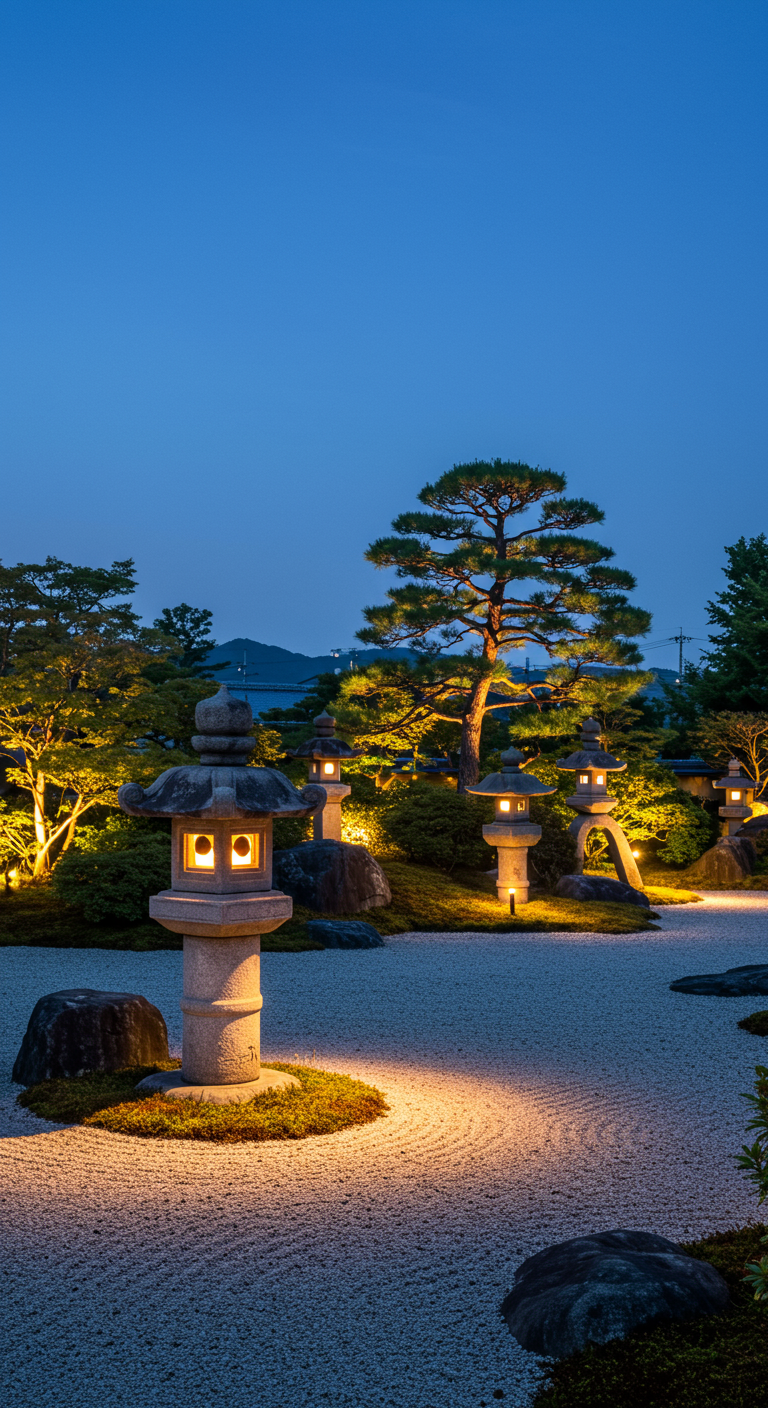 Japanischer Zen-Garten bei Nacht mit beleuchteten Steinlaternen und geharktem Kies.