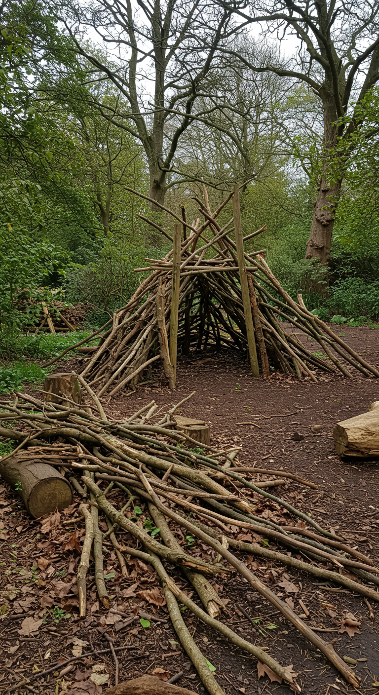 Eine im Bau befindliche Hütte aus Ästen in einer waldähnlichen Gartenecke.