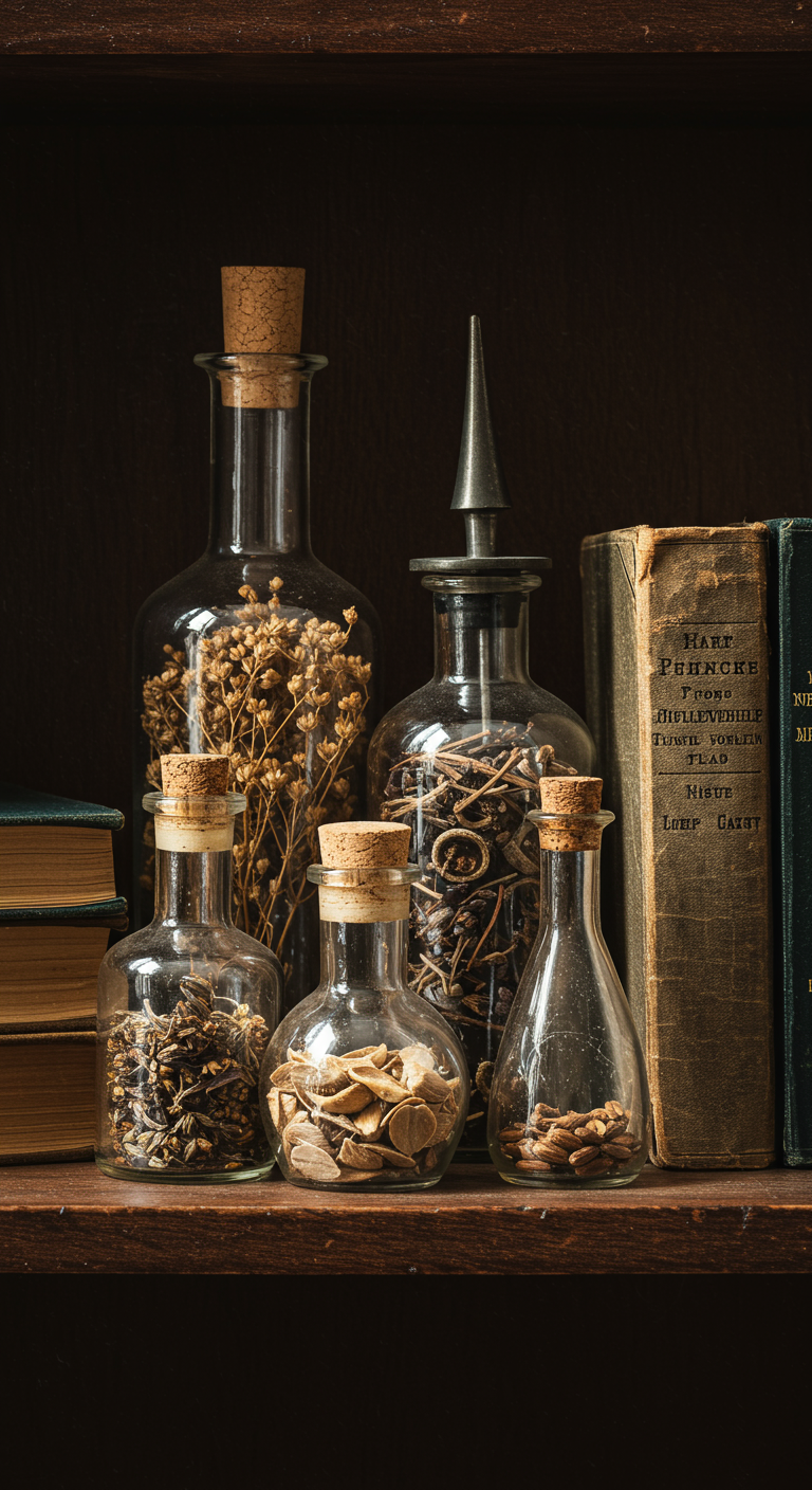 Glas-Apothekerflaschen mit Korken, gefüllt mit Trockenblumen, auf Holzregal.