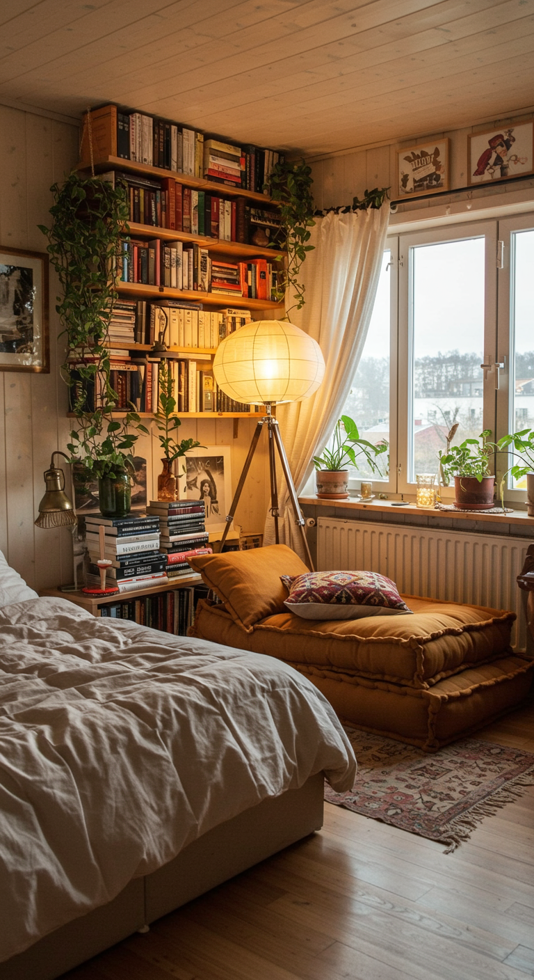 Gemütliches Boho-Schlafzimmer mit großem Bücherregal und Leseecke am Fenster.