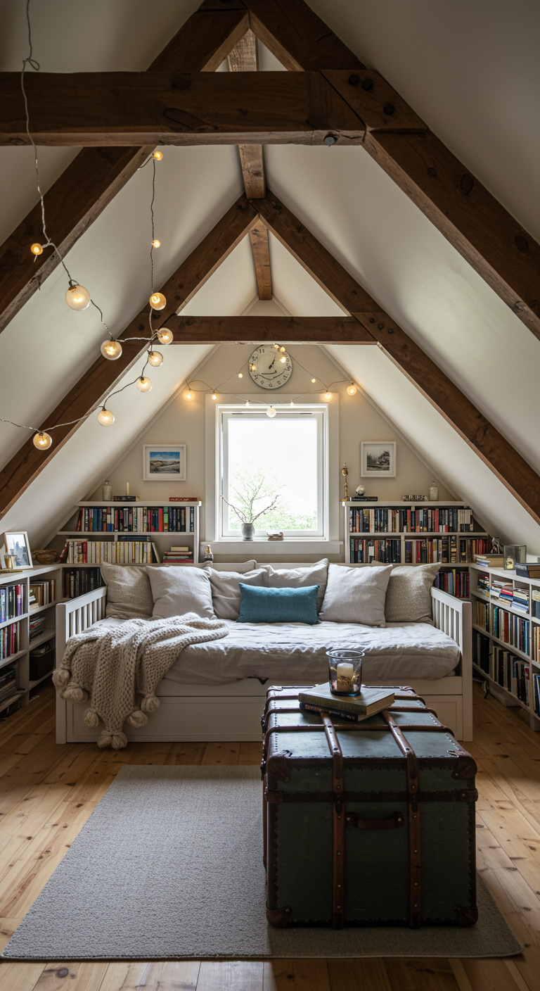 Gemütliches Dachgeschosszimmer mit Holzbalken, Daybed, Büchern und Lichterkette.
