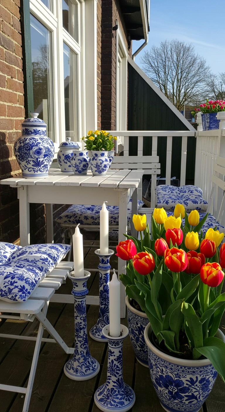 Balkon mit weißen Holzmöbeln, Delfter Blau Keramik und bunten Tulpen.