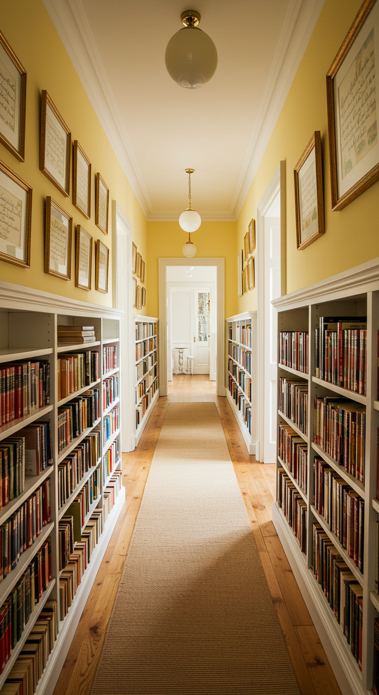 Heller Flur im Light Academia Stil, gesäumt von niedrigen weißen Bücherregalen.