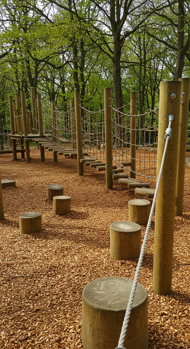 Großer Kletterparcours aus Holzstämmen und Seilbrücken auf Rindenmulch.