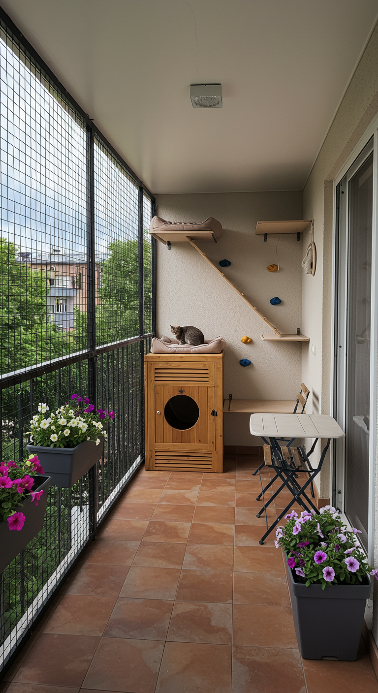 Helles Catio mit integriertem Katzenhaus, Kletterwand und Blumenkästen