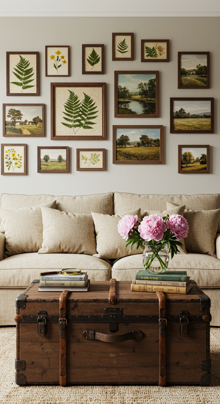 Beiges Sofa vor Wandgalerie, davor Koffertisch mit Büchern und pinken Pfingstrosen.
