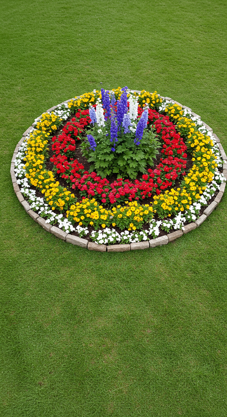 Rundes Blumenbeet mit Blumen in konzentrischen Kreisen in Rot, Gelb, Blau und Weiß