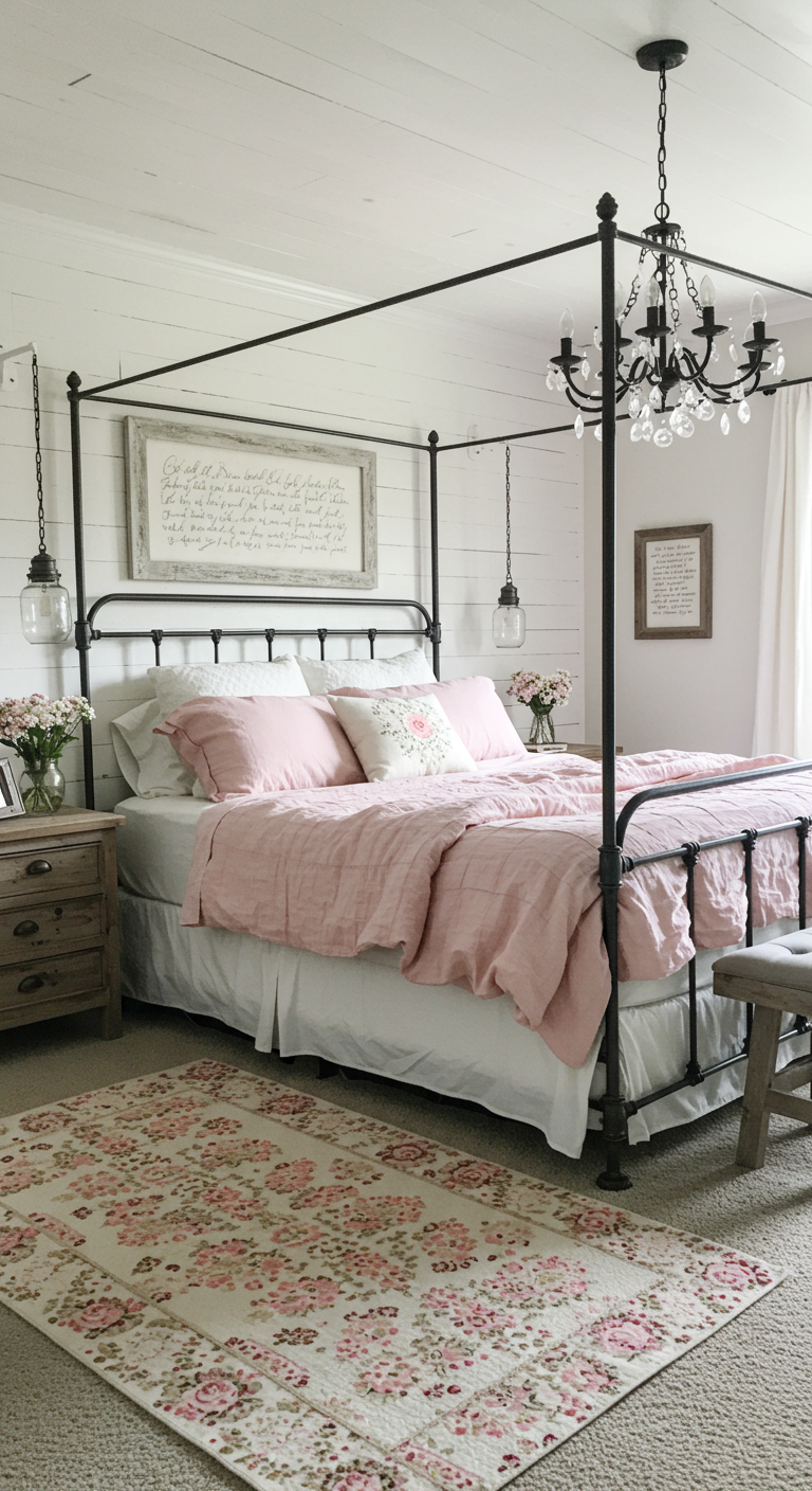 Farmhouse-Schlafzimmer mit schwarzem Metall-Himmelbett und rosa Bettwäsche.