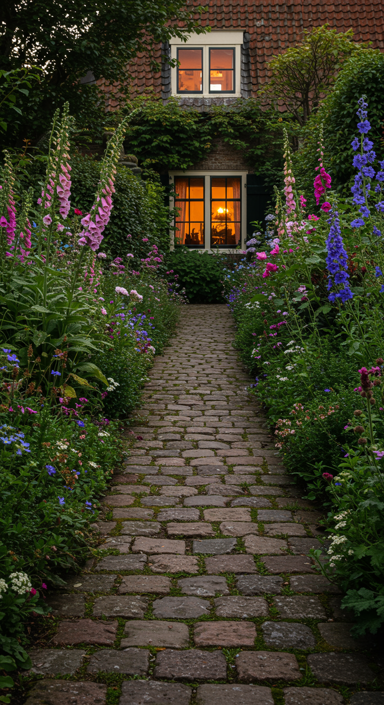Ziegelweg gesäumt von bunten Fingerhüten führt zu einem Haus mit erleuchteten Fenstern.