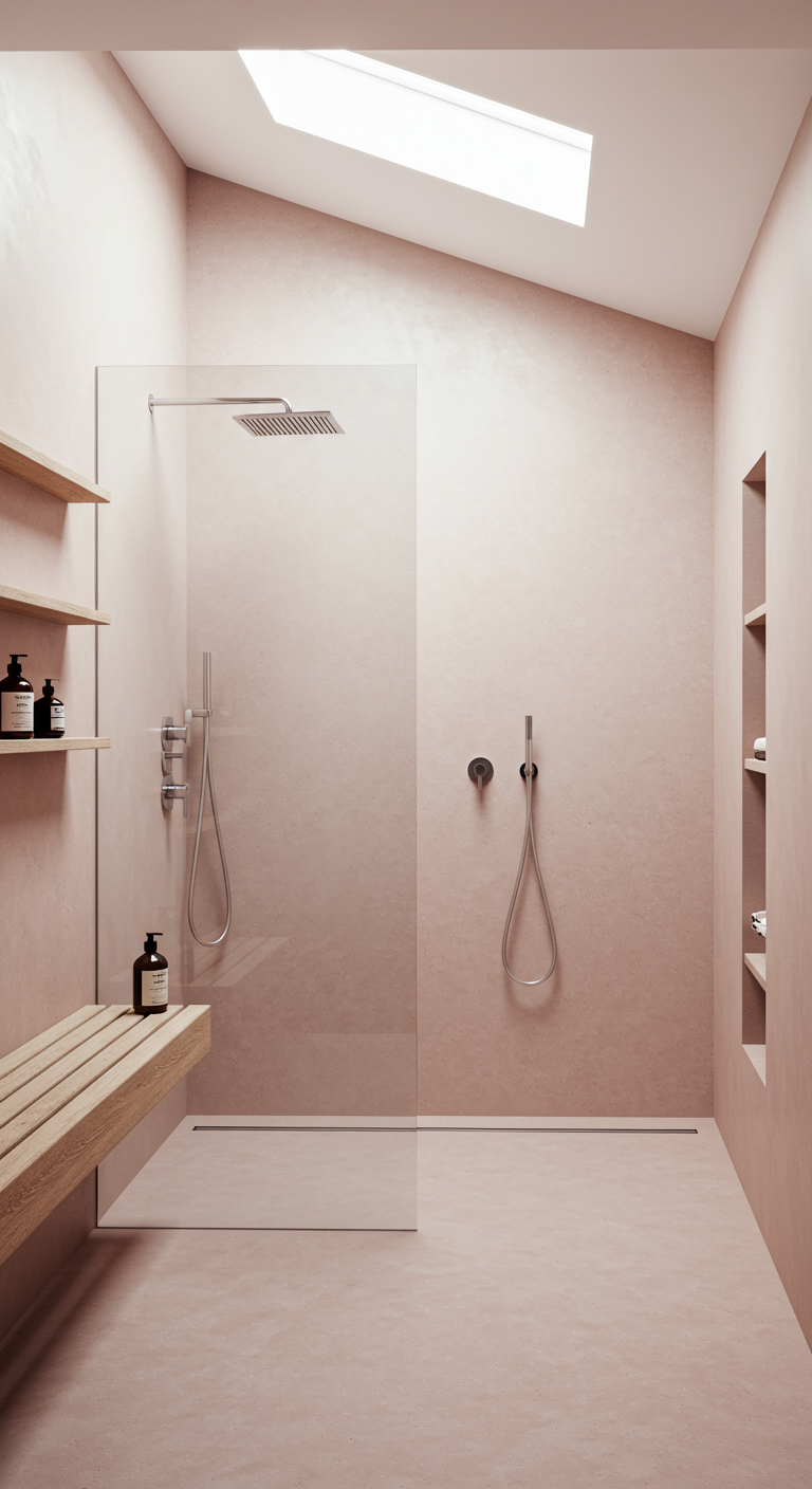 Moderne Dusche mit fugenlosen rosa Mikrozementwänden und Holzeinbauten.