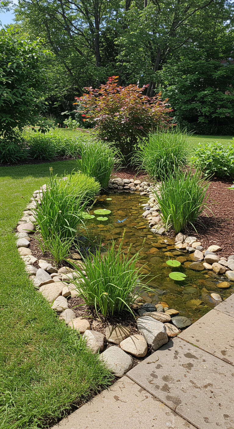 Geschwungener Gartenteich mit Steinkanten und Trittsteinen, umgeben von Gras und Büschen.