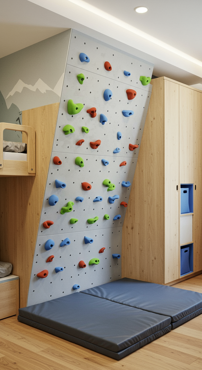 Kinderzimmer mit integrierter Kletterwand und Fallschutzmatten.