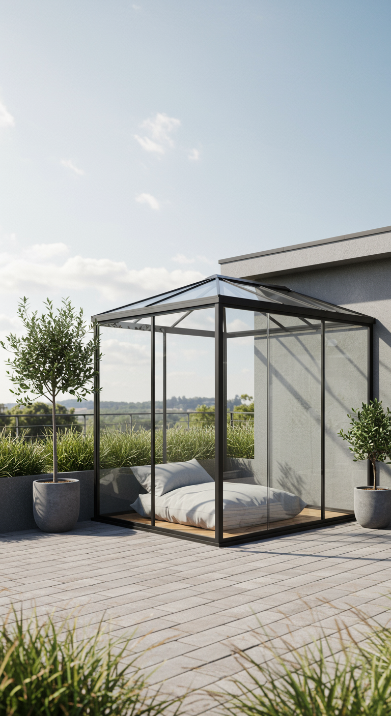 Moderner gläserner Pavillon mit Liegefläche für Haustiere auf einer Dachterrasse.