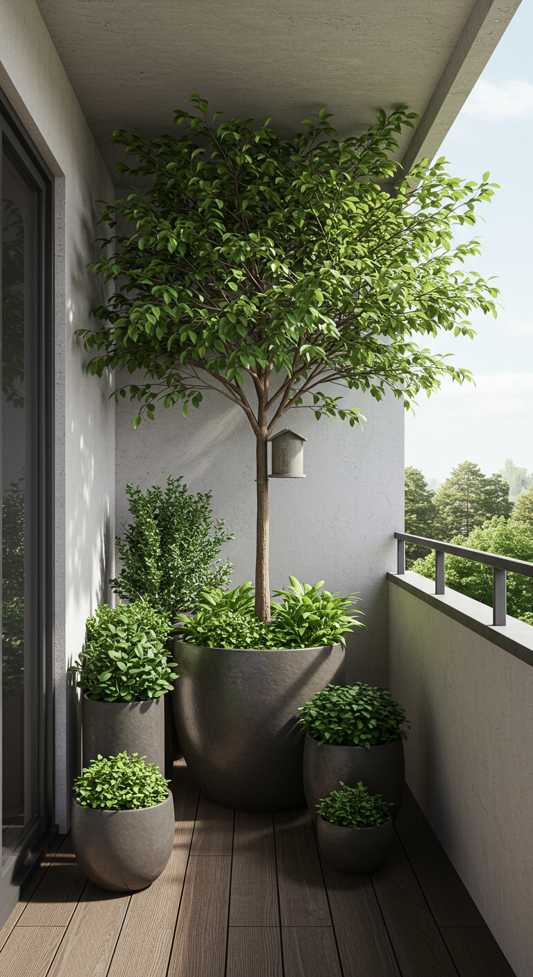 Schlichter Balkon mit einem großen Baum in grauem Topf und kleineren Pflanzen.