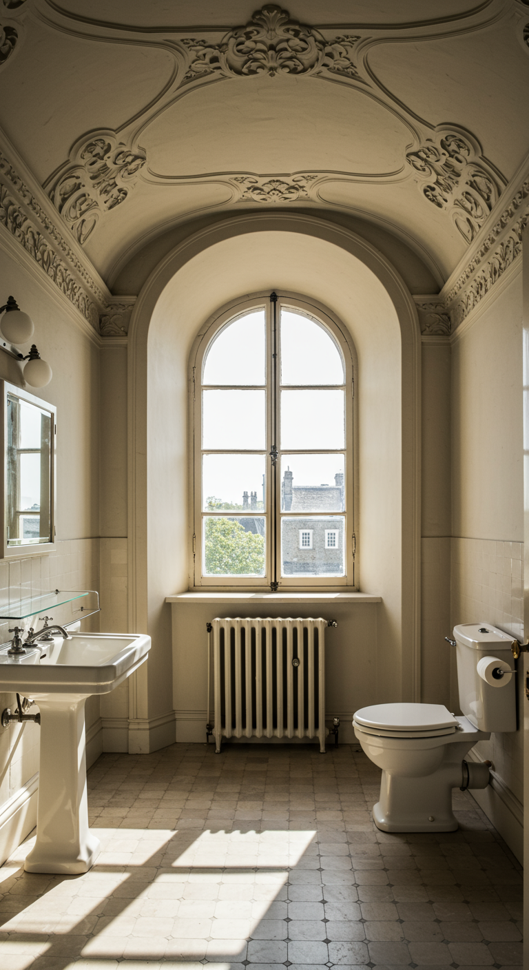 Eindrucksvolles Altbau-Badezimmer mit hoher Decke, Stuck und Bogenfenster.