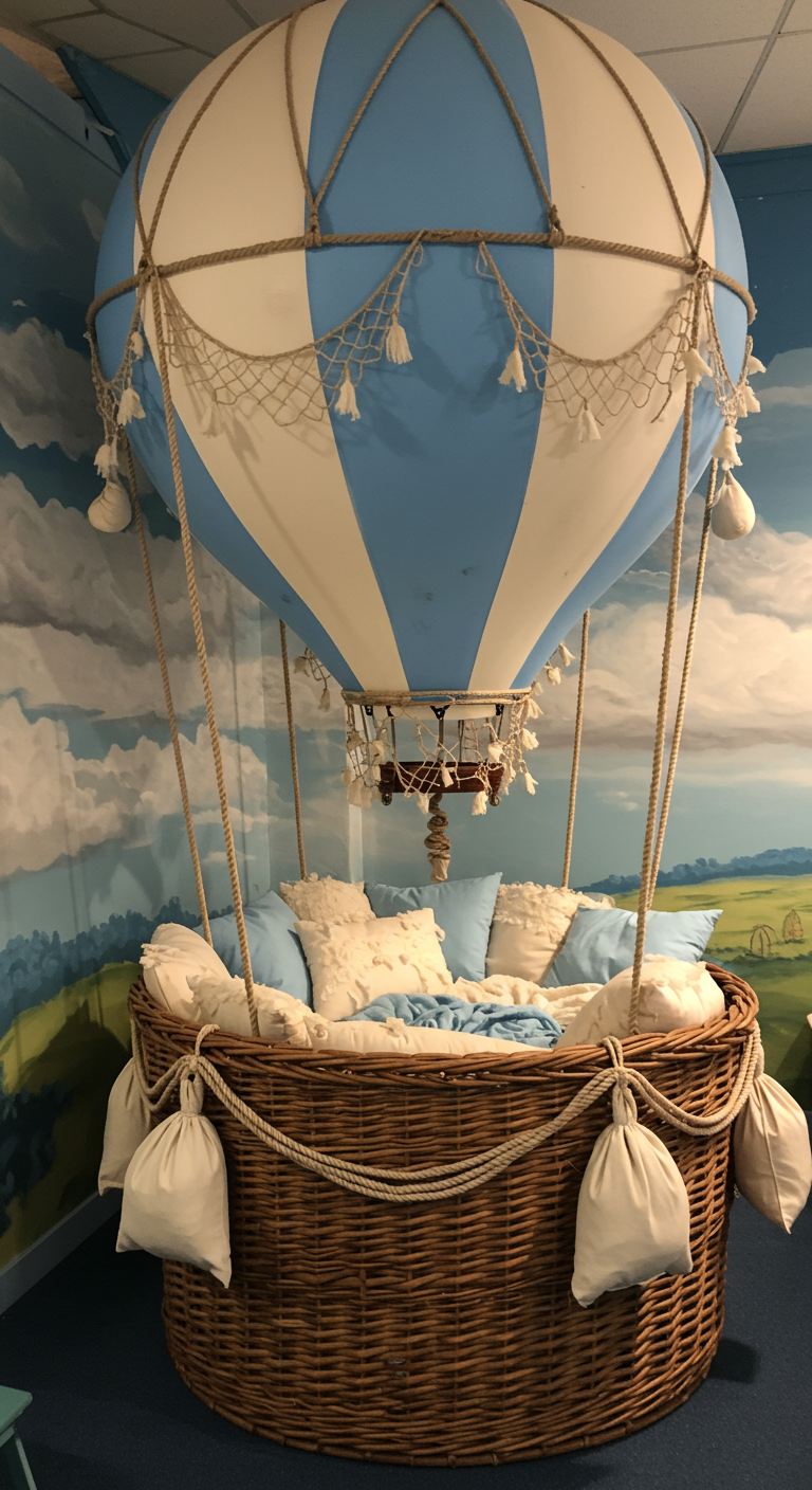 Kinder-Leseecke gestaltet als Korb eines Heißluftballons mit blauen Kissen.
