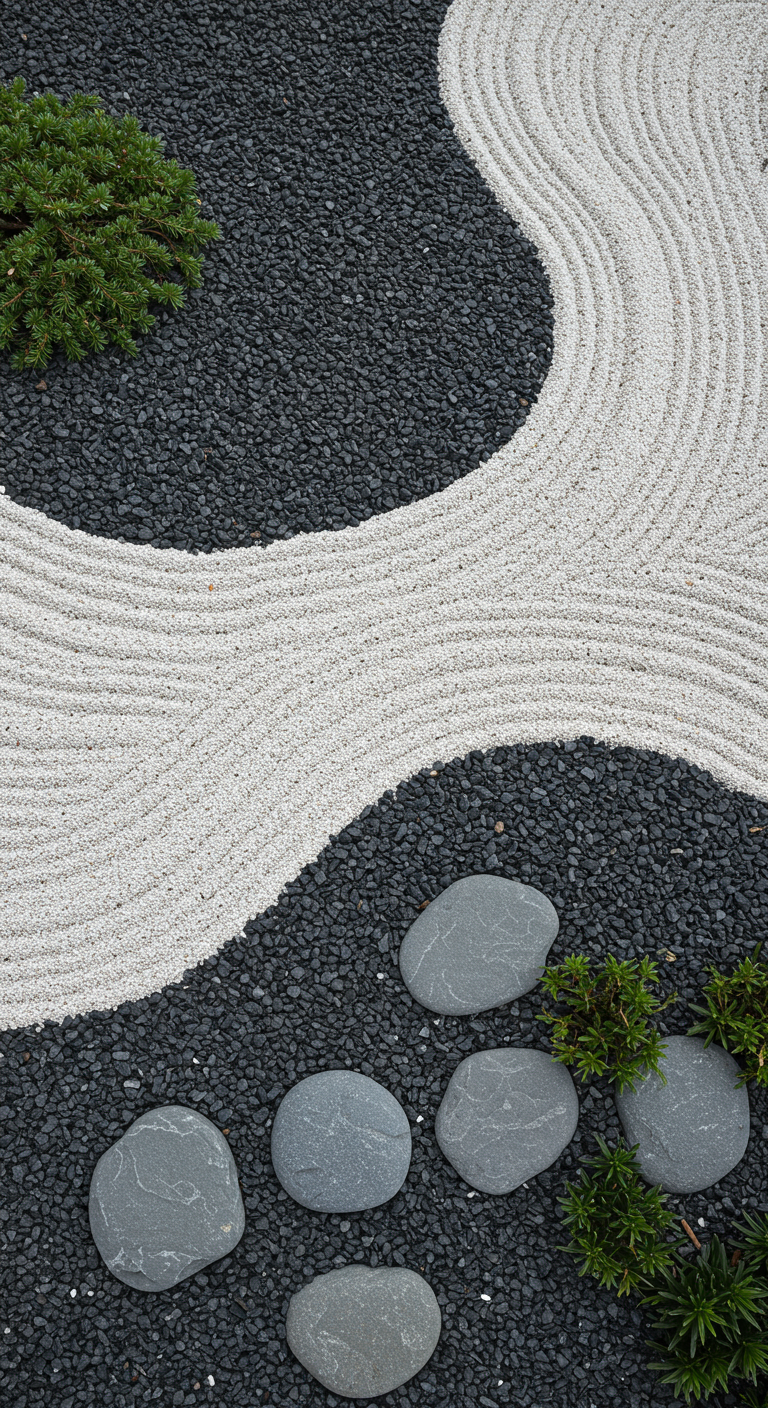 Kleiner Zen-Garten mit kontrastierendem hellem und dunklem Kies in Yin-Yang-Form.