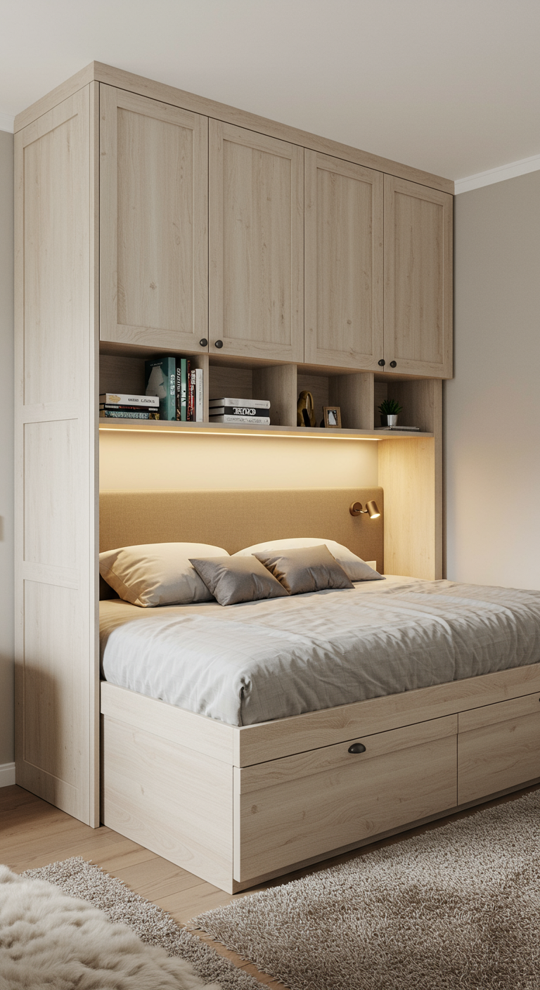 Schlafzimmer mit Bett, das von einer hellen Holzschrankwand mit Regalen umgeben ist.