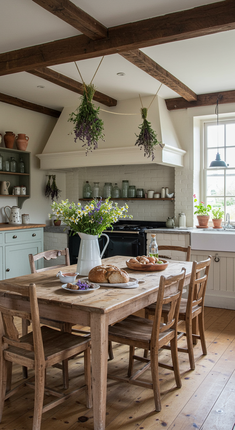 Rustikale Küche mit weißen Backsteinen, Holzbalken, hängenden Kräutern und Wiesenblumen.