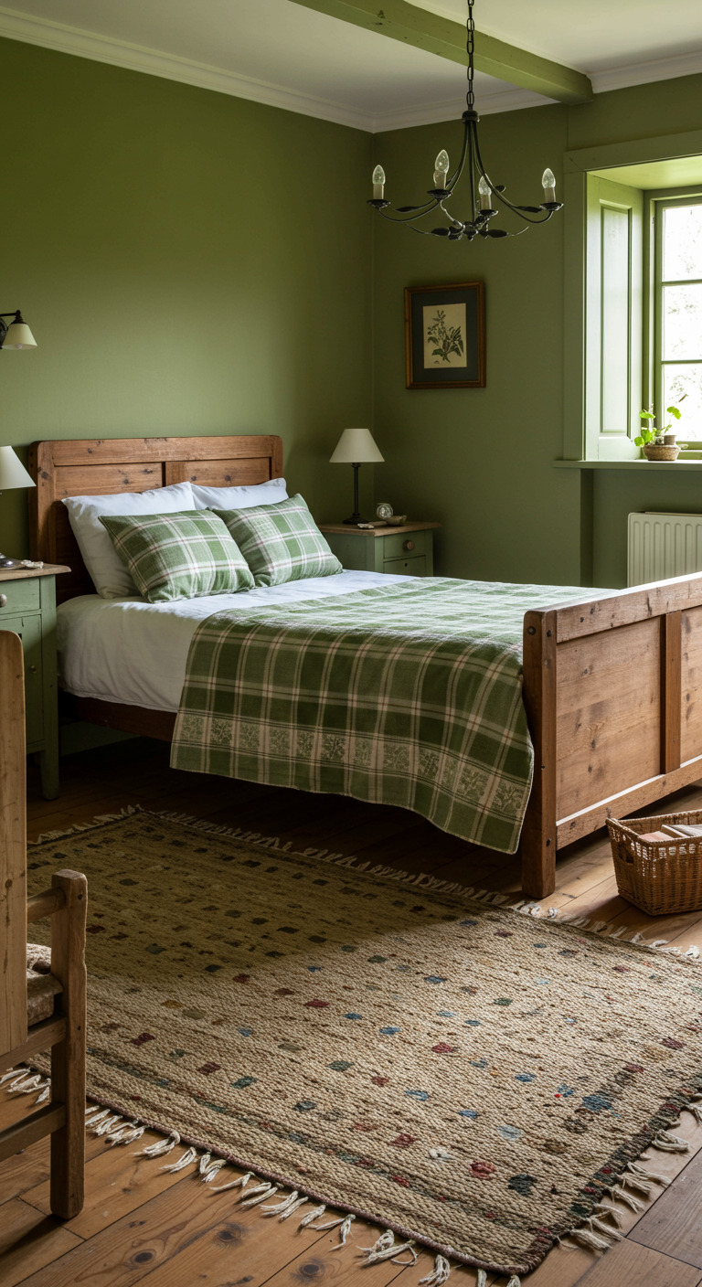 Rustikales Schlafzimmer mit moosgrünen Wänden und karierter Bettdecke.