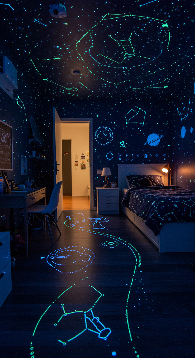 Zimmer mit Glow-in-the-Dark-Sternen und -Sternbildern an Wänden und Decke.