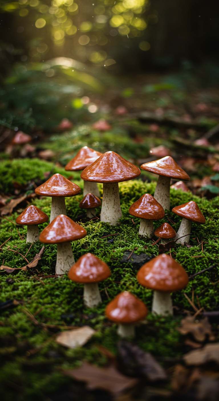 Gruppe von Keramikpilzen auf einem Moosboden im Wald, mit Vogelfutter bestreut.
