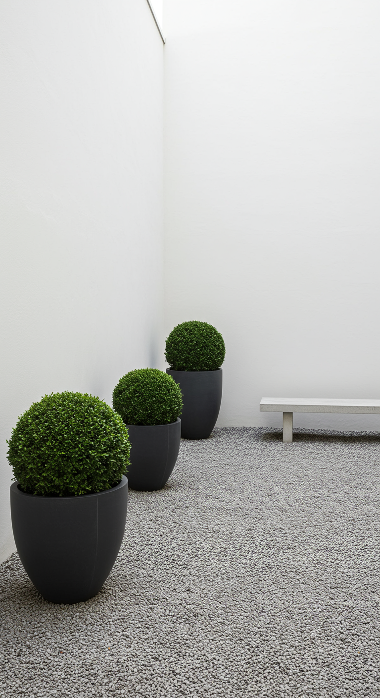 Minimalistischer Hinterhof mit Buchsbaumkugeln in Kübeln, Kiesboden und Betonbank.