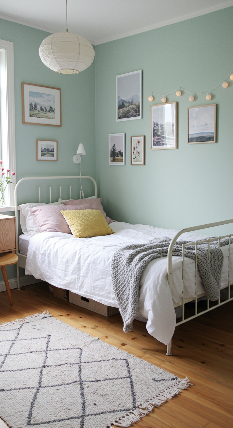 Skandinavisches Schlafzimmer mit mintgrüner Wand und weißem Metallbett.
