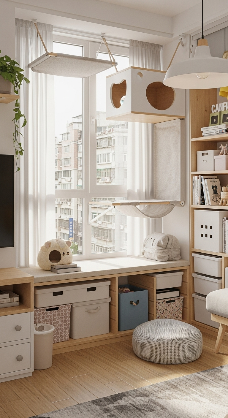 Moderne Katzenmöbel-Kombination an einer Fensterbank mit Hängeelementen und Höhlen.