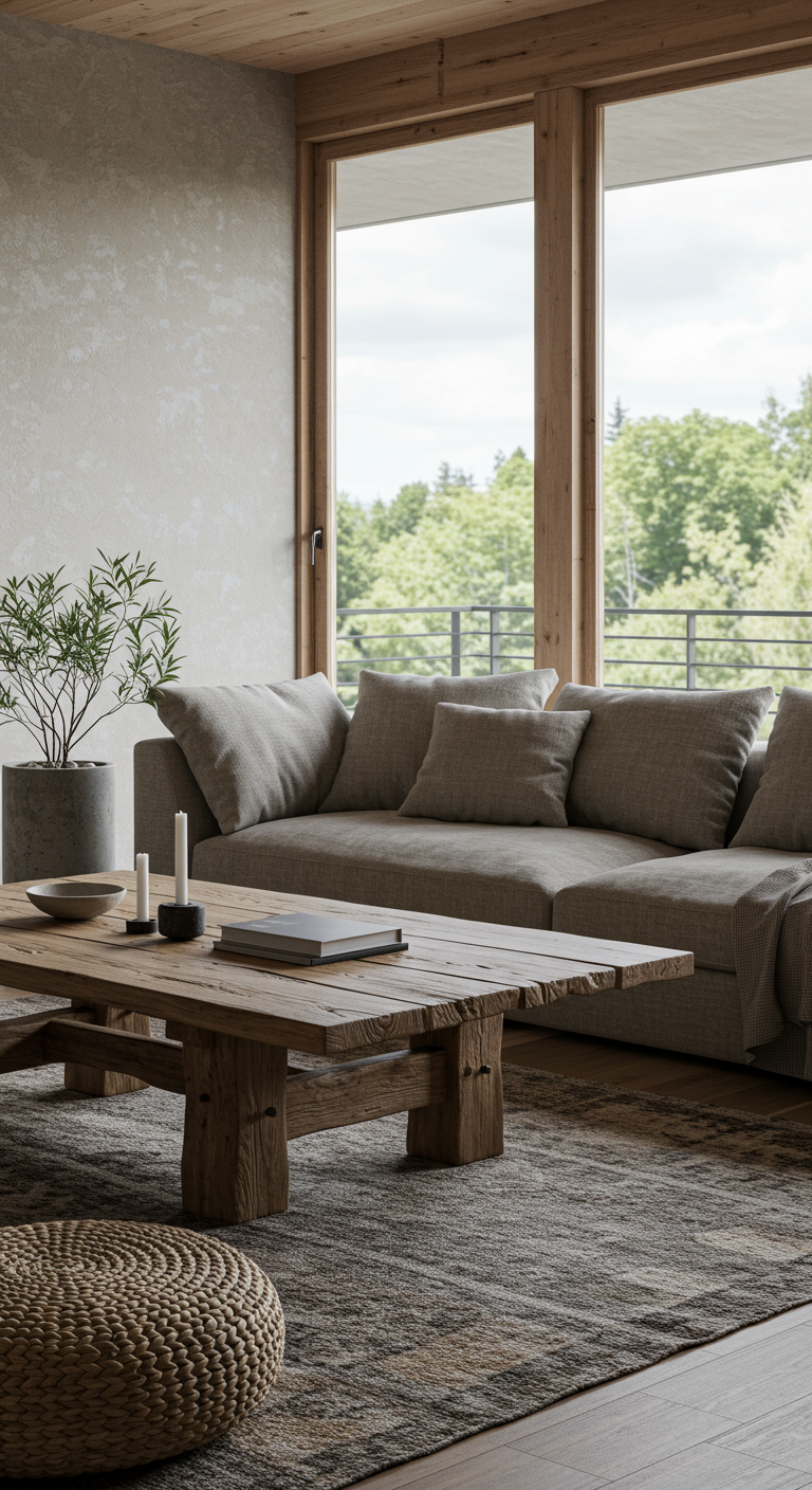 Japandi Wohnzimmer mit grauem Sofa und rustikalem Holztisch.